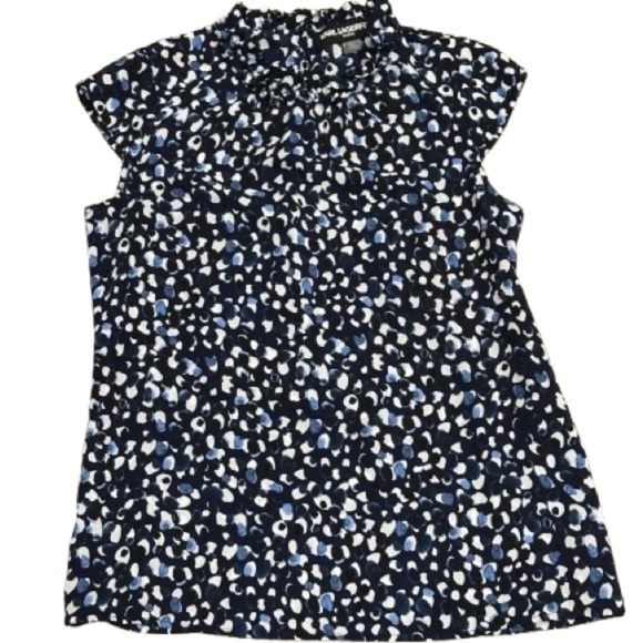 👔🍁 KARL LAGERFELD Paris Ruffled Pearl Trim Blouse | Preppy Fall Power Top Sz XS - Picture 1 of 7